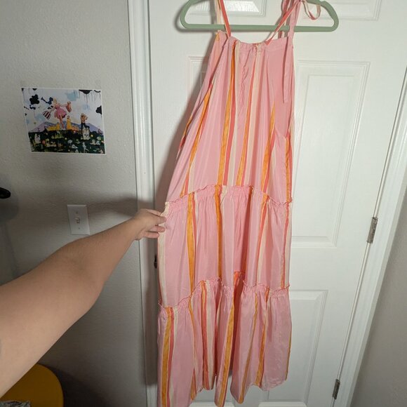 Club Monaco Amirra Halter Neck Dress Size 10 Striped Silk Tiered Midi Pink - Picture 3 of 5